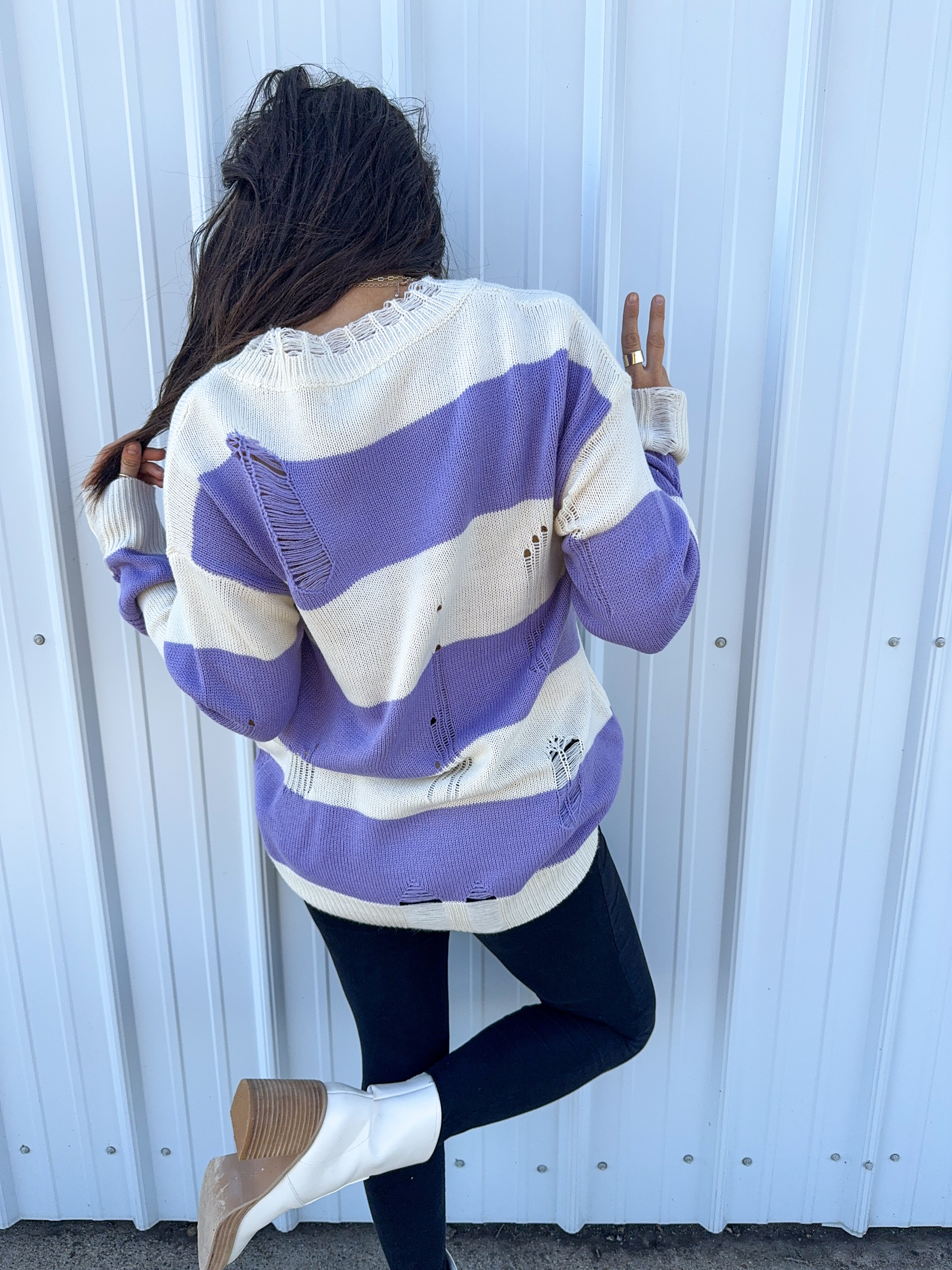 No Caller ID Purple Distressed Sweater