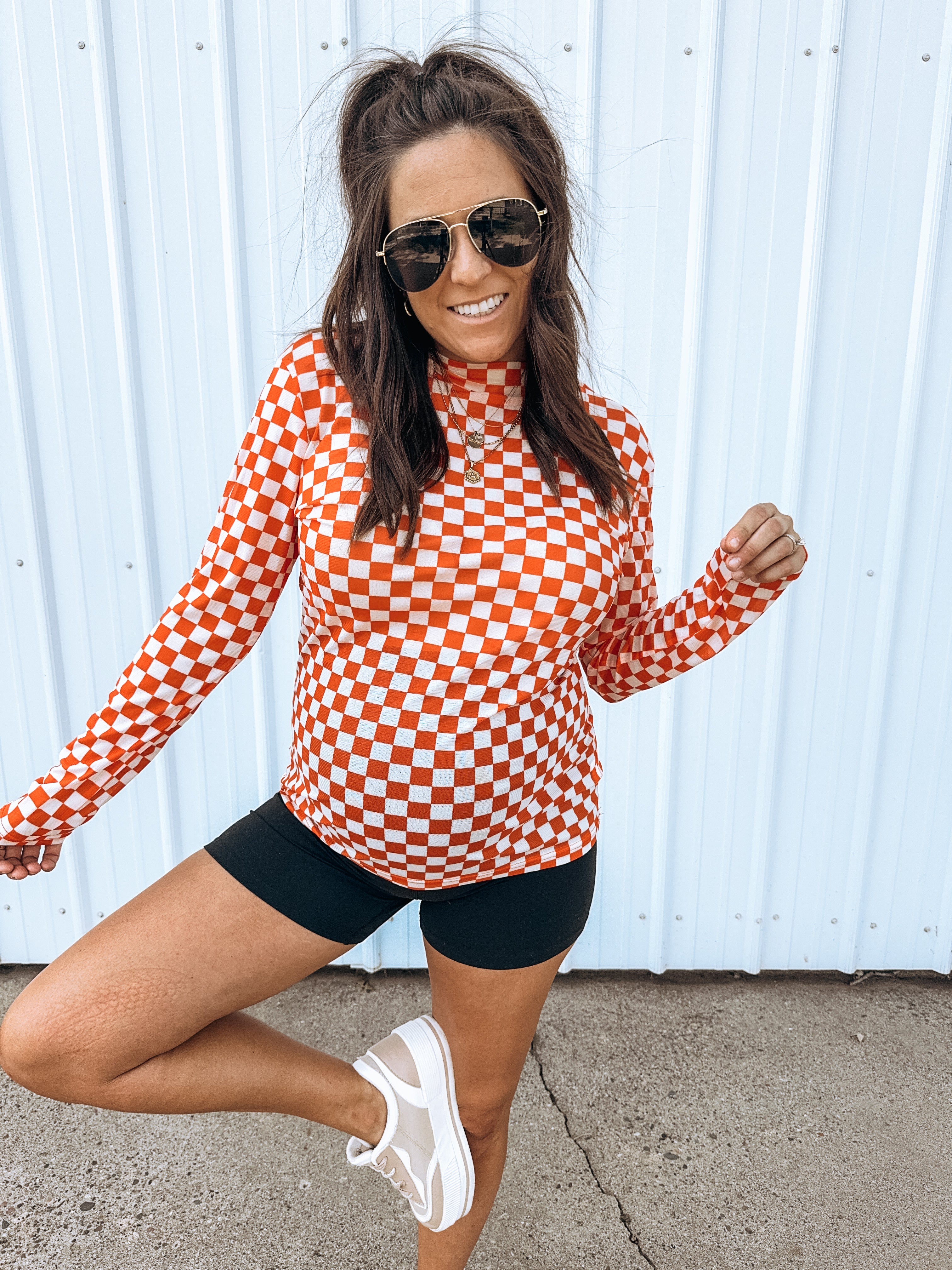 Single Again Checkered Mesh Layering Top- ORANGE