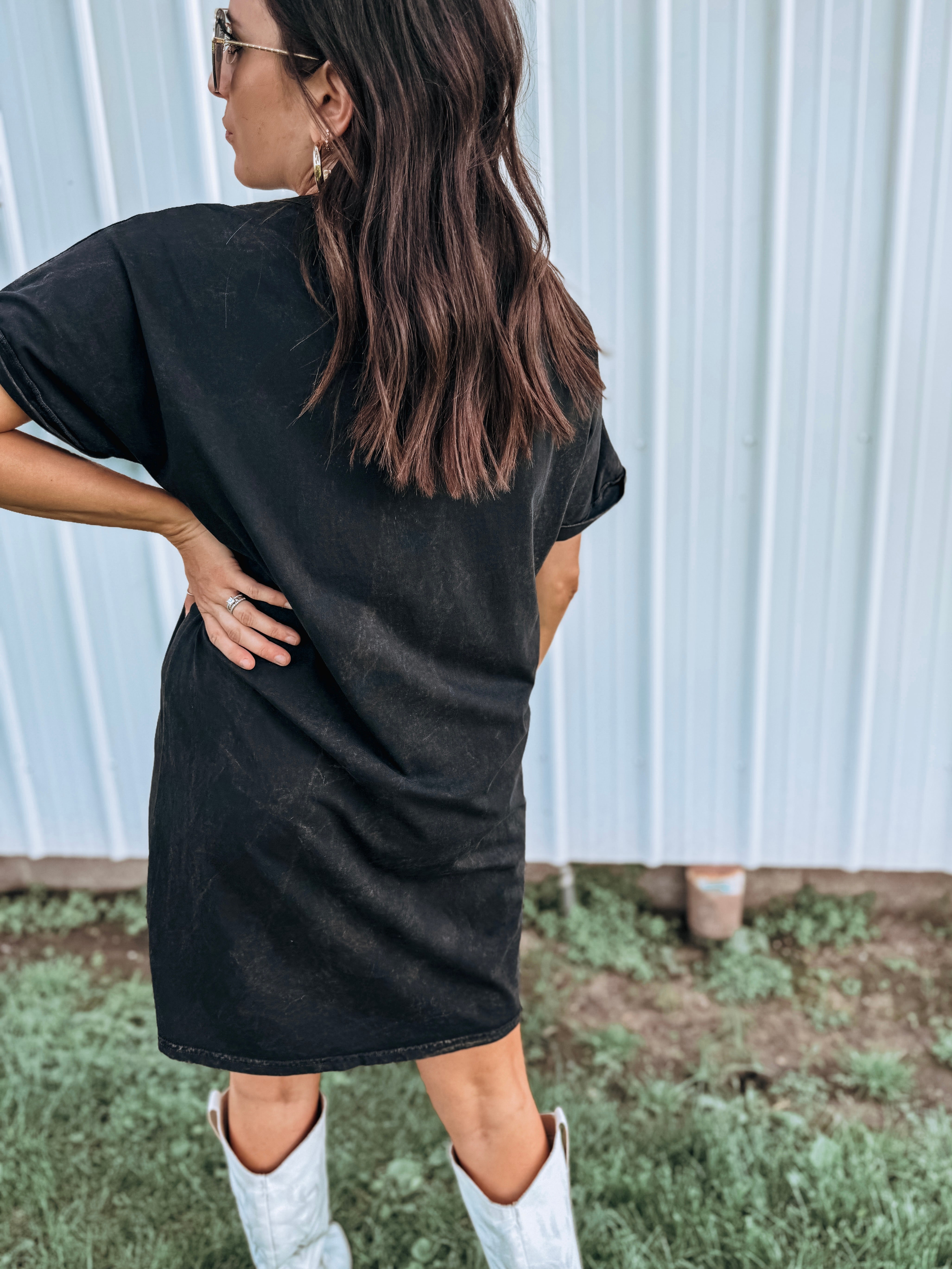 Born Free Black Mineral Washed Graphic Dress