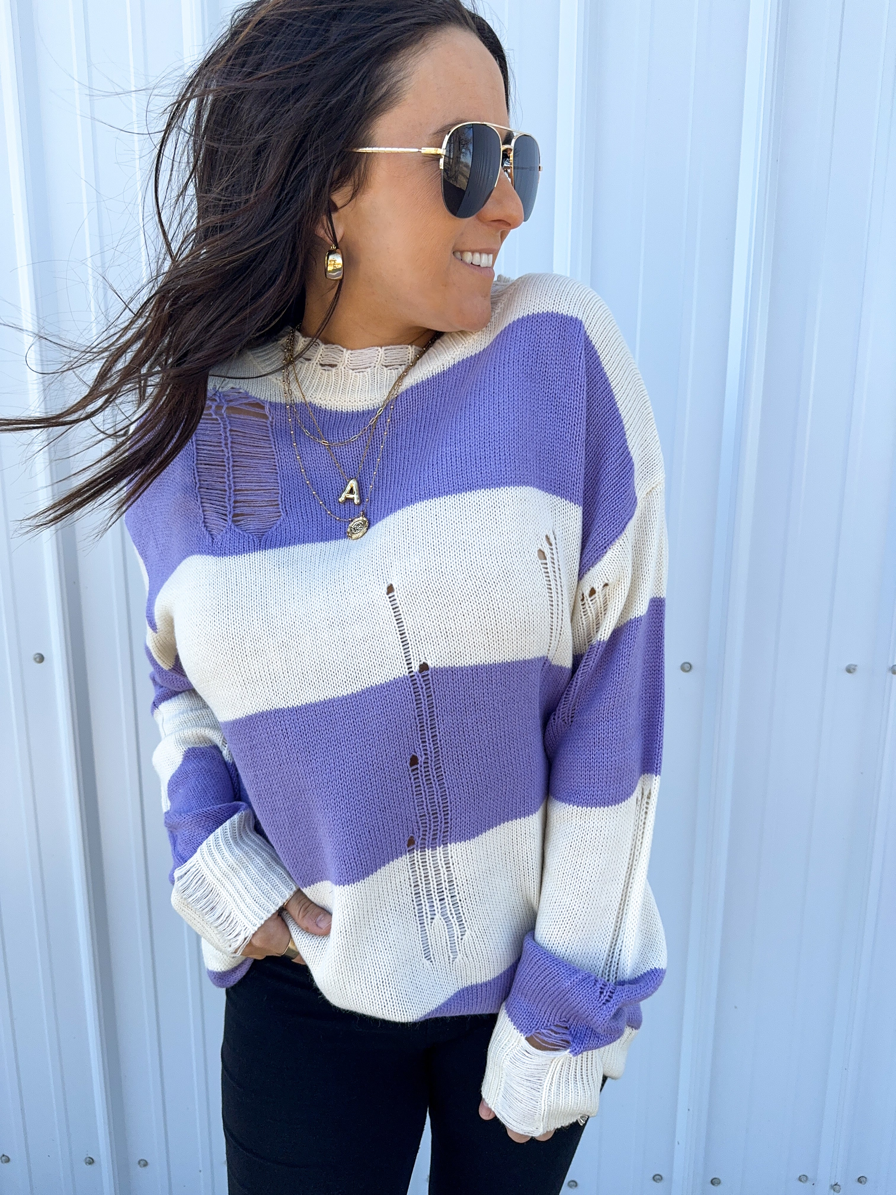 No Caller ID Purple Distressed Sweater