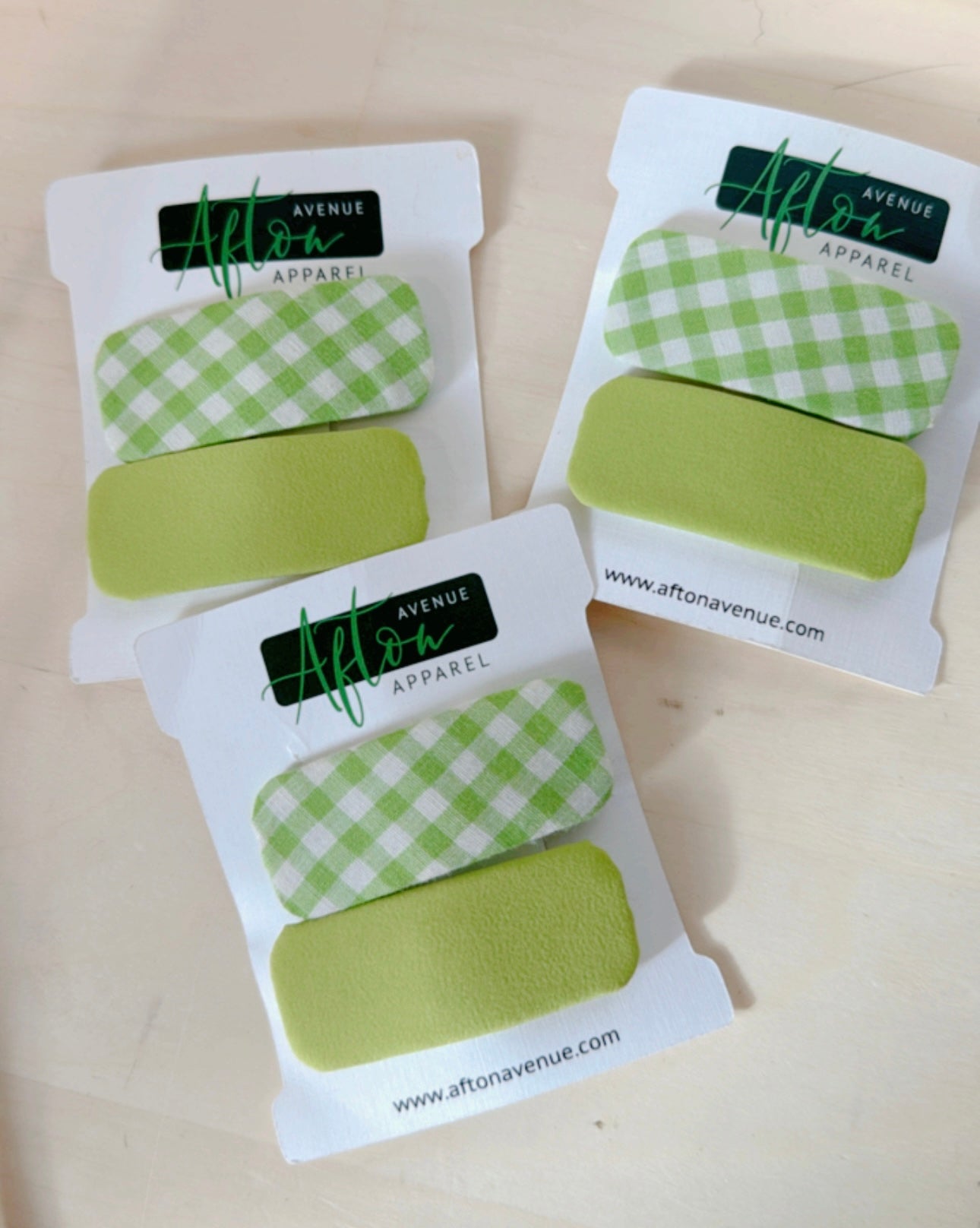 Green Gingham Barette Clip Set