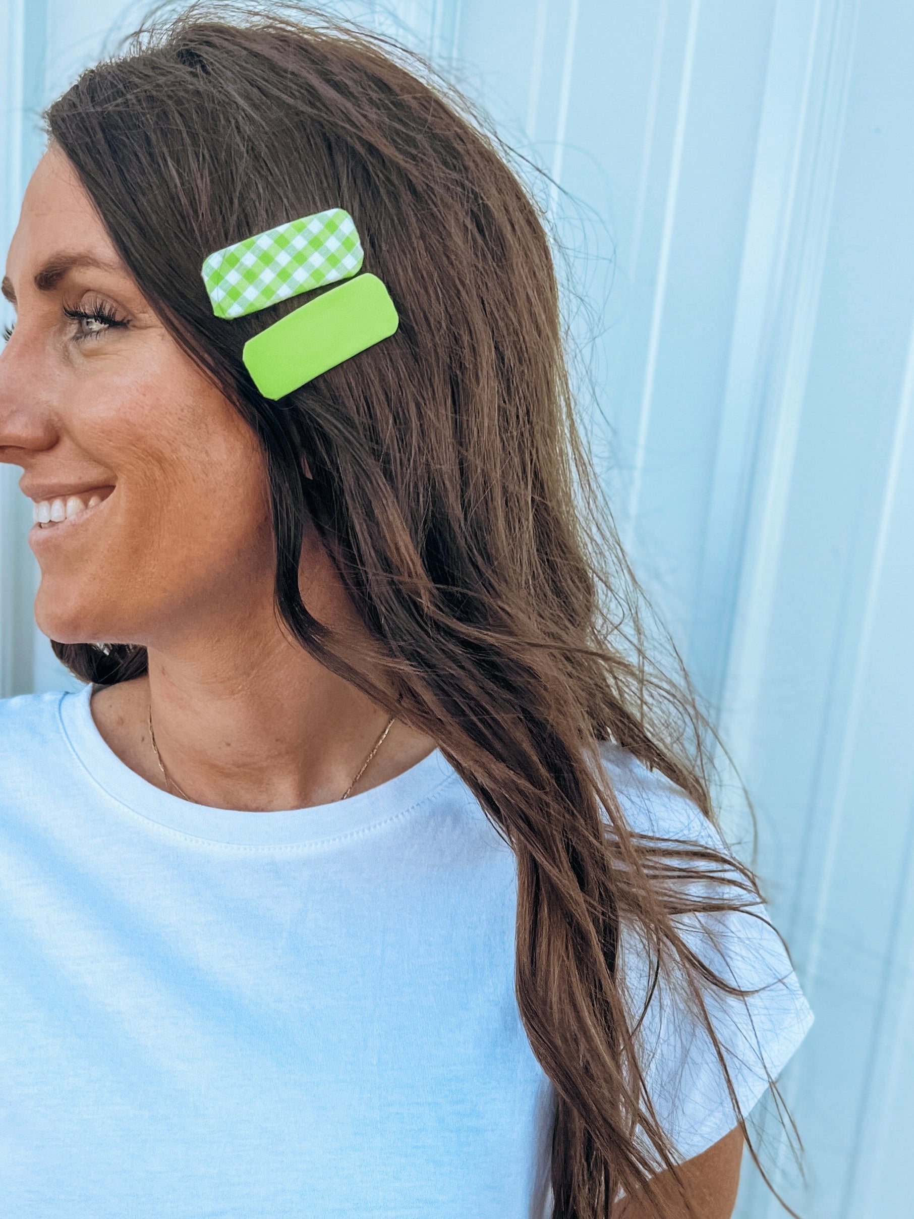 Green Gingham Barette Clip Set