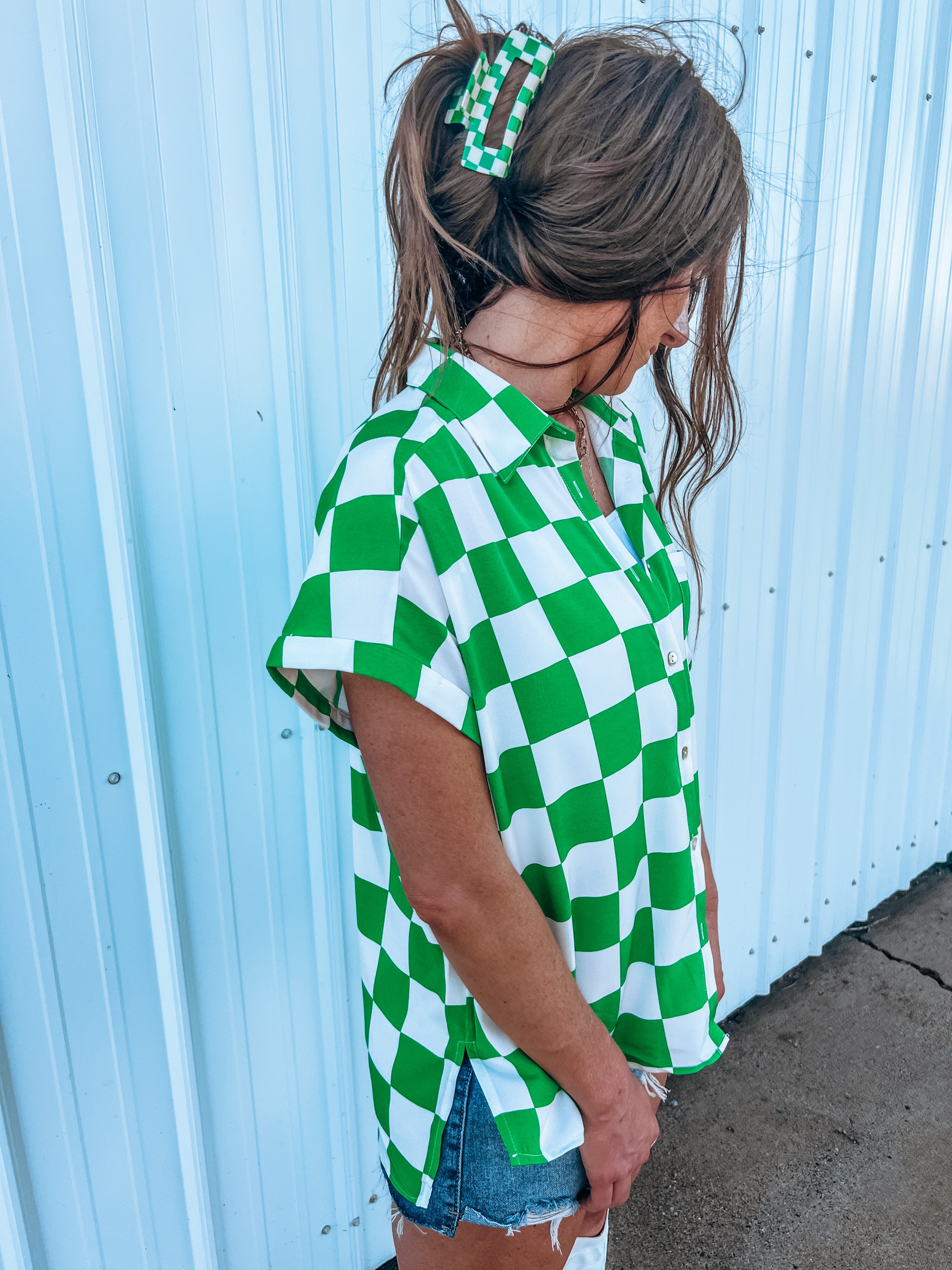 Get That With You Trendy Green Checker Top