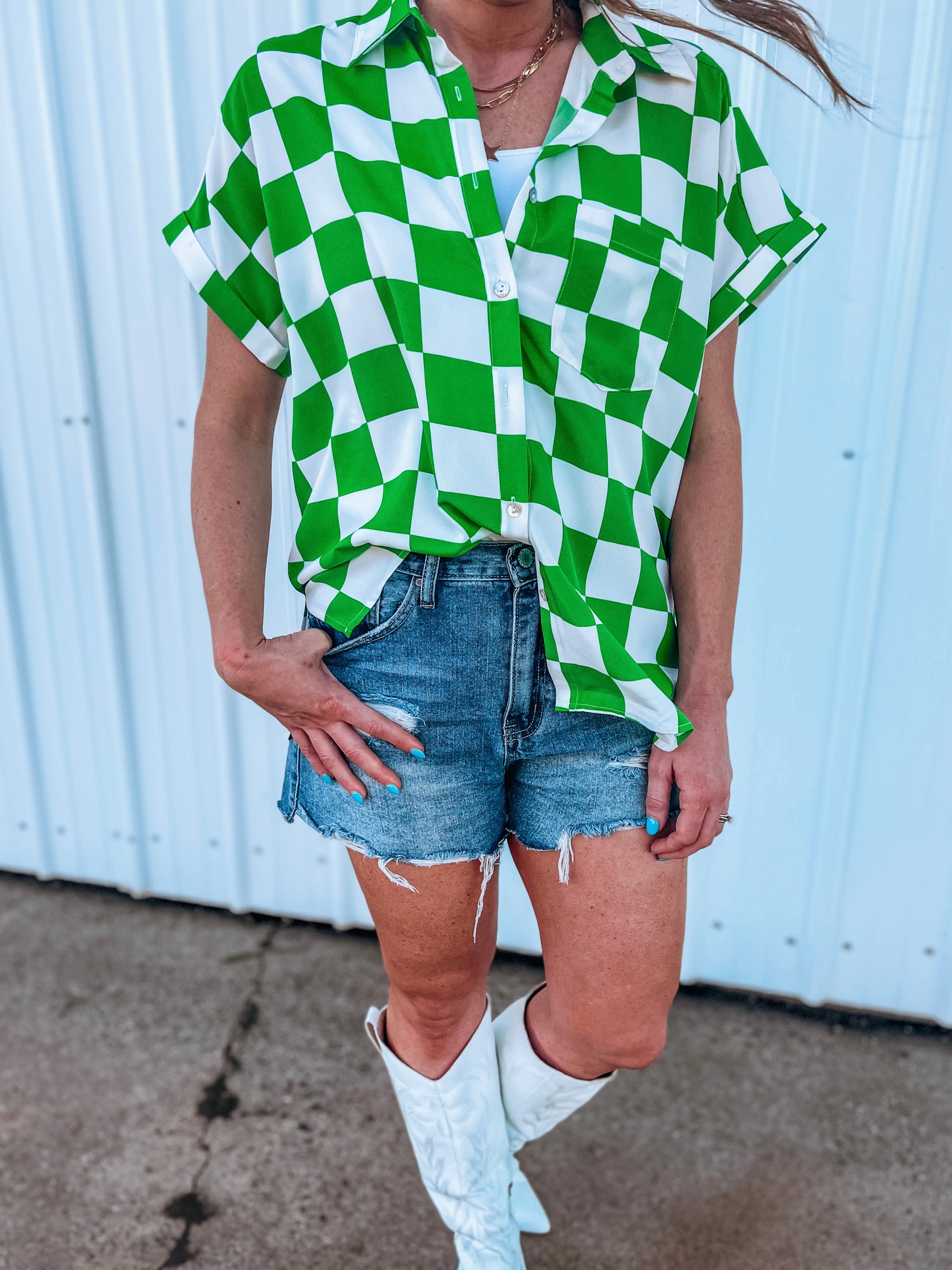 Get That With You Trendy Green Checker Top