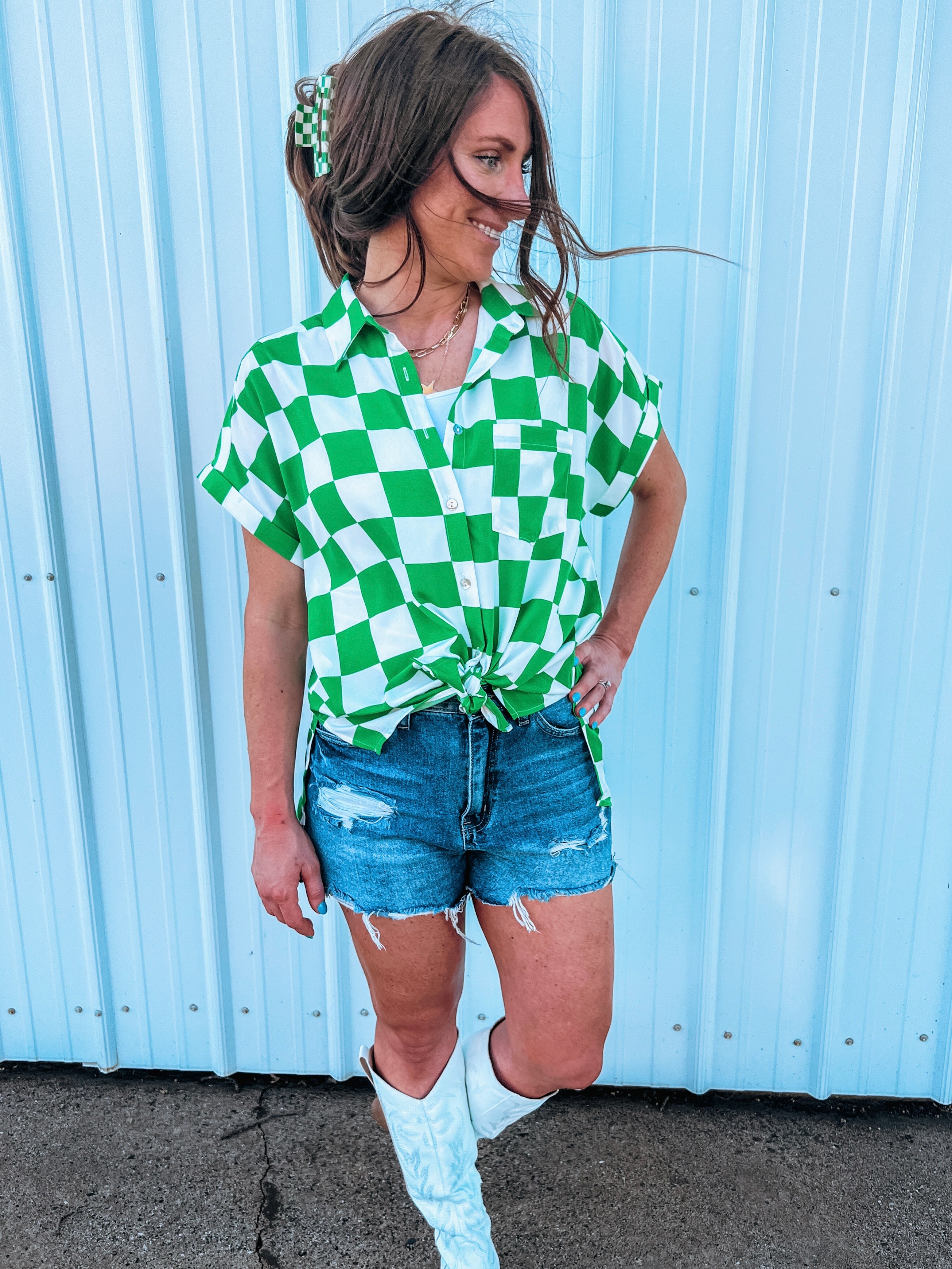 Get That With You Trendy Green Checker Top