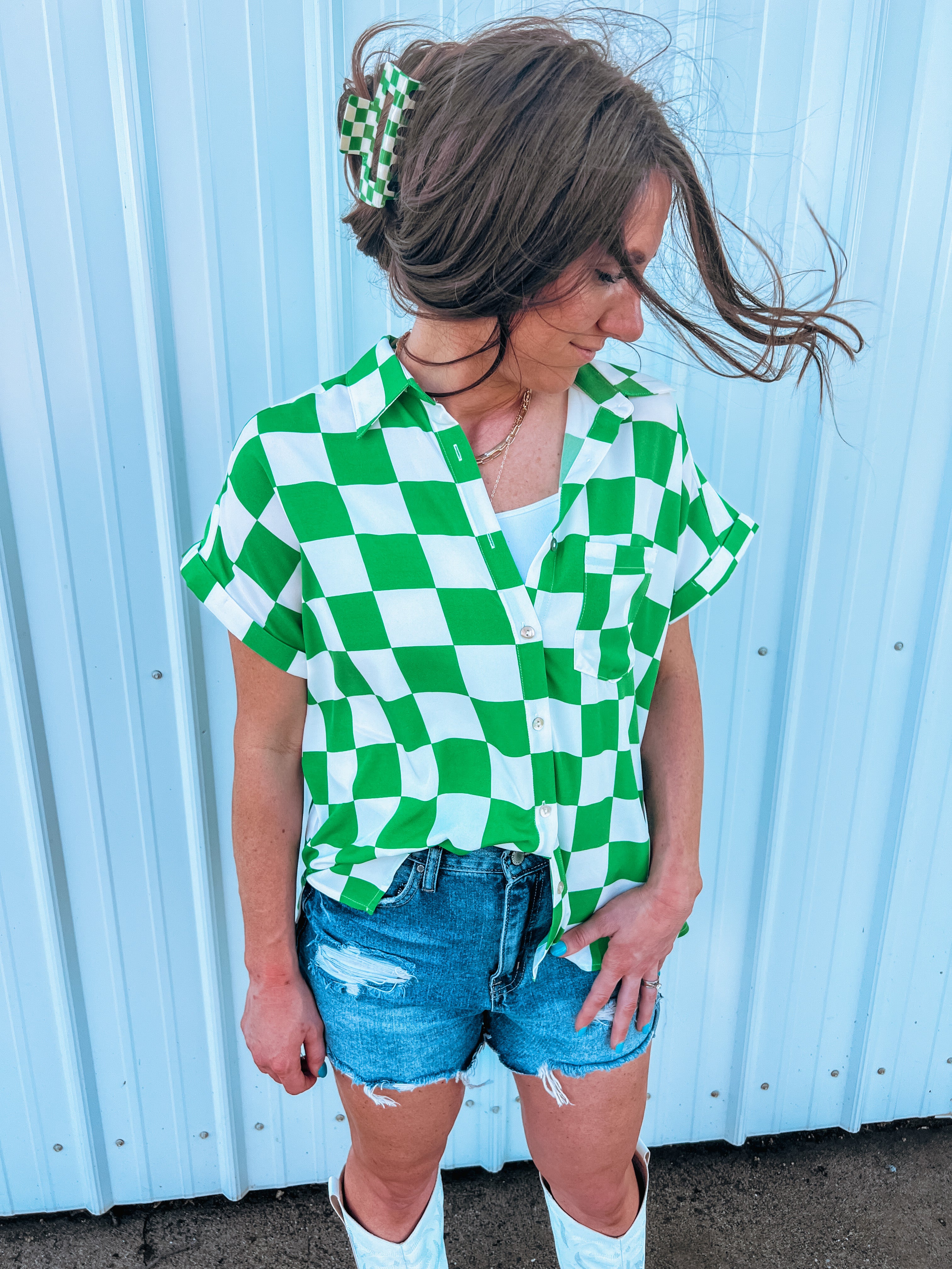 Get That With You Trendy Green Checker Top